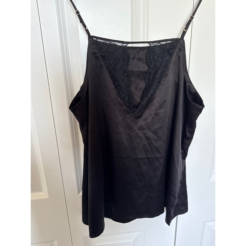 Black Satin Lace Back Camisole Adjustable Strap Square Neck‎ Tank Top Women XL